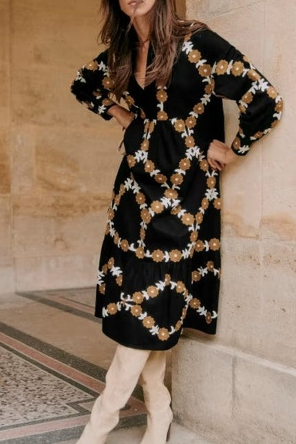 SEZANE Blandina Dress Black and Floral Ecru Embroidery Women's 40/US 8