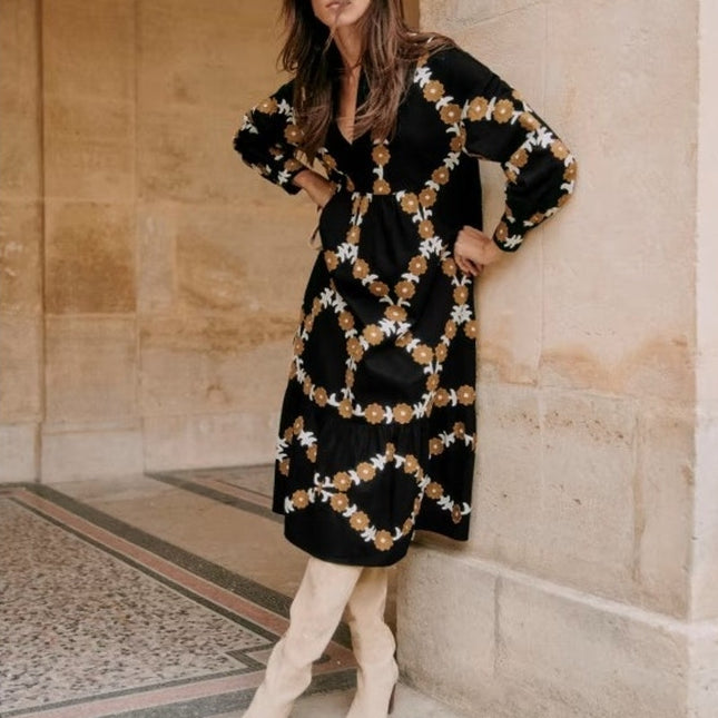 SEZANE Blandina Dress Black and Floral Ecru Embroidery Women's 40/US 8