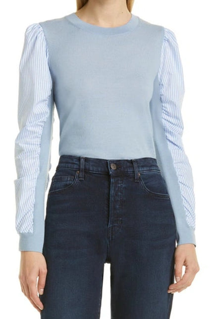 VERONICA BEARD NEW Adler Mixed Media Sweater Light Blue Merino Wool Women's XL