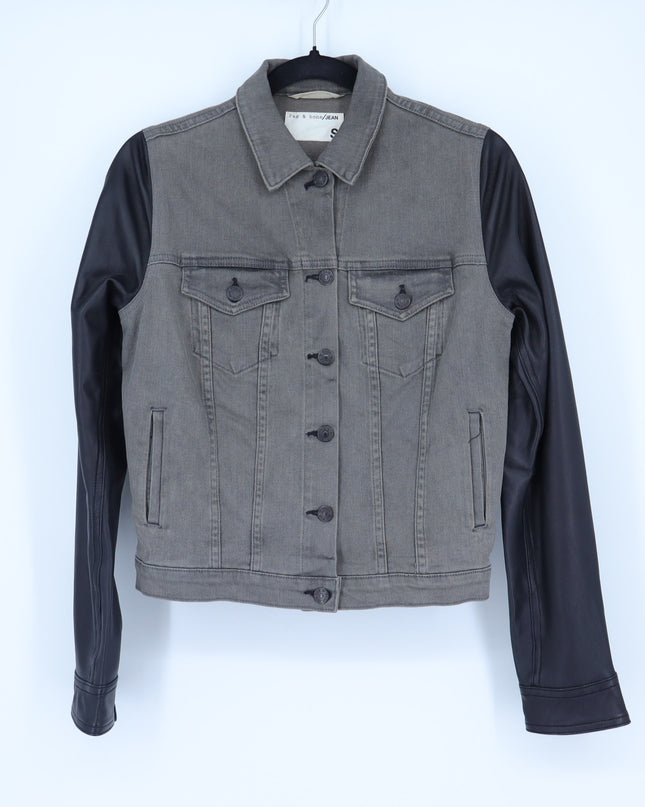 Rag & Bone Jean Jacket Iron Gray Black Leather Sleeves Denim Button Up Women's S
