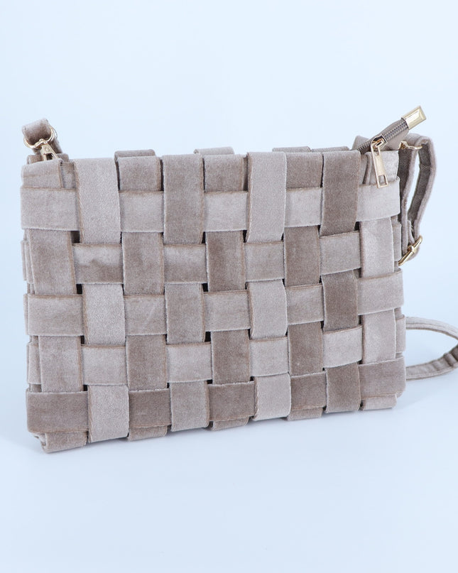 By Anthropologie Lindy Woven Velvet Clutch Taupe Crossbody Bag