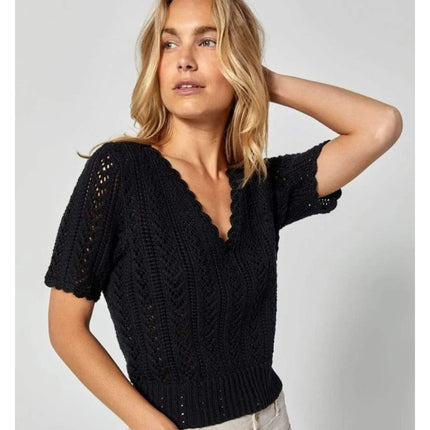 Alp n Rock Eileen Sweater Black V Neck Pointelle Knit Pullover Women's S