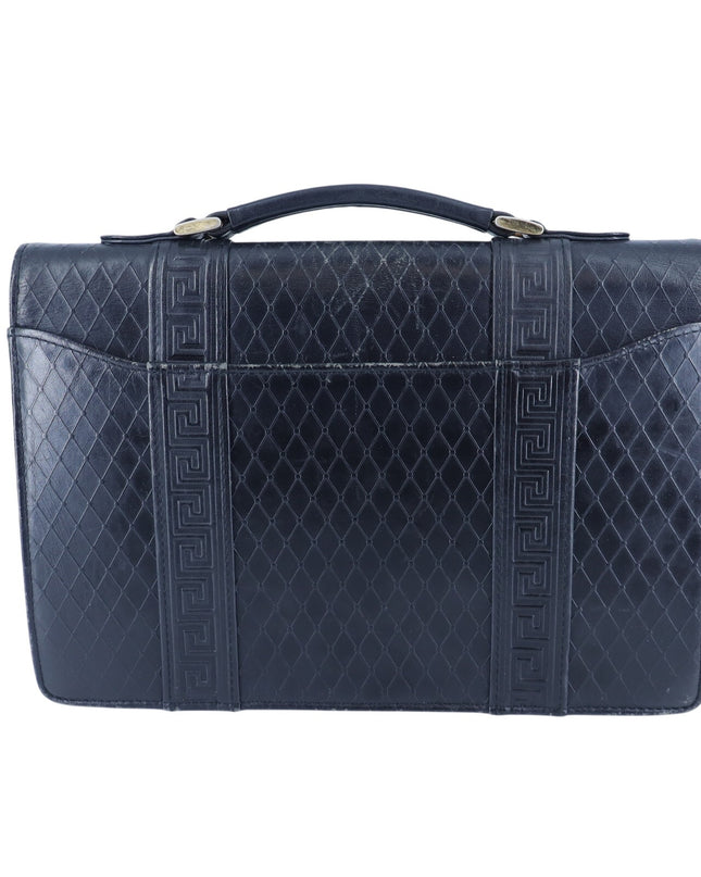 Versace Sunburst Leather Briefcase Vintage Black Embossed Gold & Silver