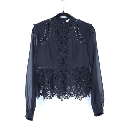 Self-Portrait Floral Guipure Blouse Black Lace Up Long Sleeve Women's 2