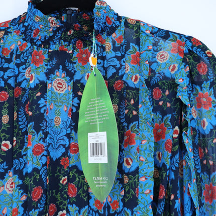 FARM RIO Blue Arabesque Dress NWT Floral High Neck Long Sleeve Women's XXS