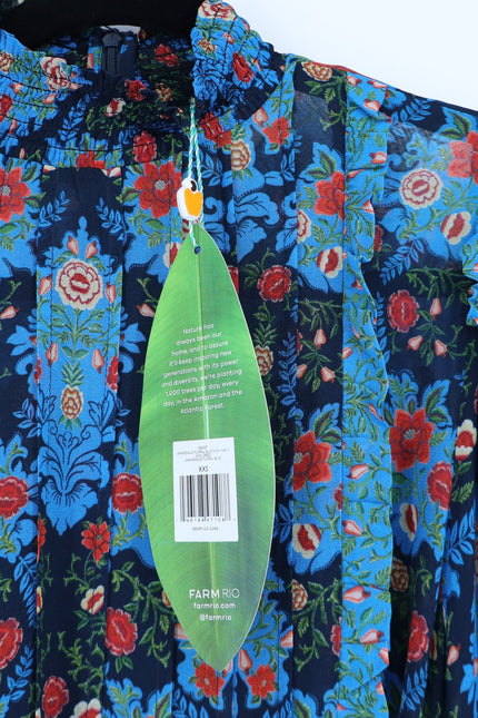 FARM RIO Blue Arabesque Dress NWT Floral High Neck Long Sleeve Women's XXS