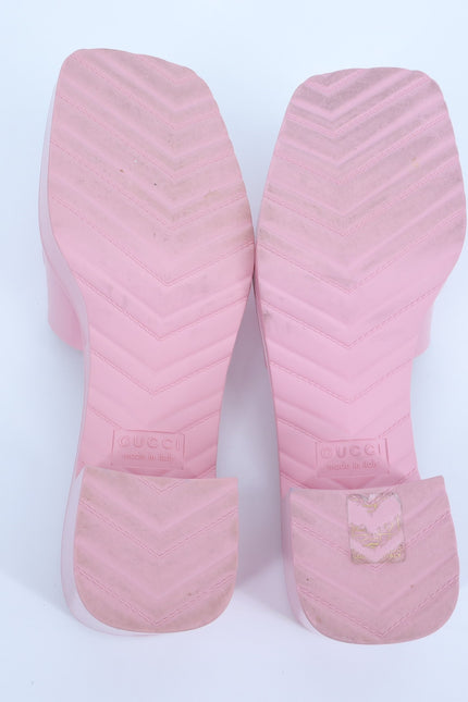 GUCCI Platform Heeled Slides Wild Rose Pink Rubber Logo Slip On Women's 36/US 6