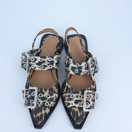 Ganni Leopard Slingback Flats Black Two Buckle Pointed Toe Women's 37/US 7