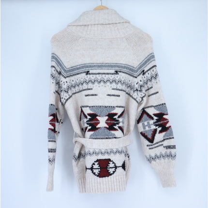 Saylor Vanisha Belted Sweater Cardigan Oatmeal Cabin Print Women's XS