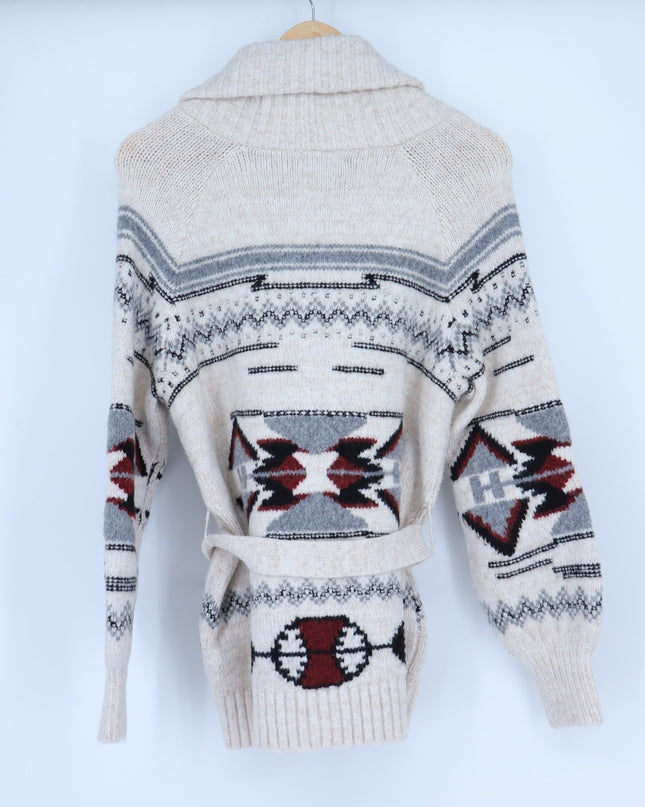 Saylor Vanisha Belted Sweater Cardigan Oatmeal Cabin Print Women's XS