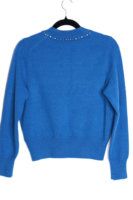 KATE SPADE NWT Bow Embellished V Neck Sweater Bright Cerulean Women's S