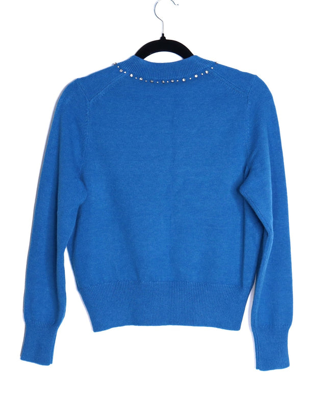 KATE SPADE Bow Embellished V Neck Sweater NWT Bright Cerulean Women's S