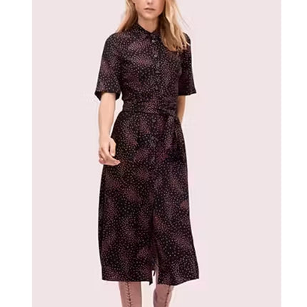 Kate Spade Meadow Shirtdress Black Floral Smocked Back Short Sleeve Women's 8