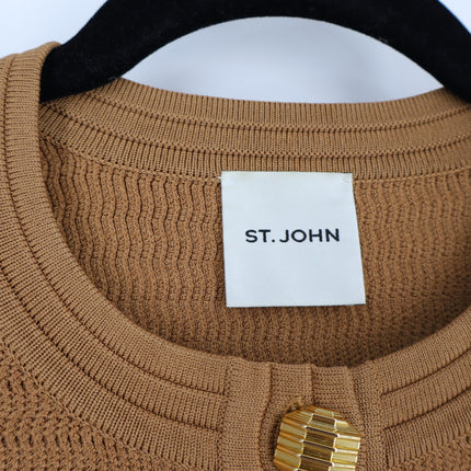 ST. JOHN Racking Stitch Knit Cardigan Tan Front Pockets Button Up Women's L