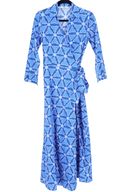 0039 ITALY Havanna Printed Wrap Midi Dress Blue 3/4 Sleeves Women's XS