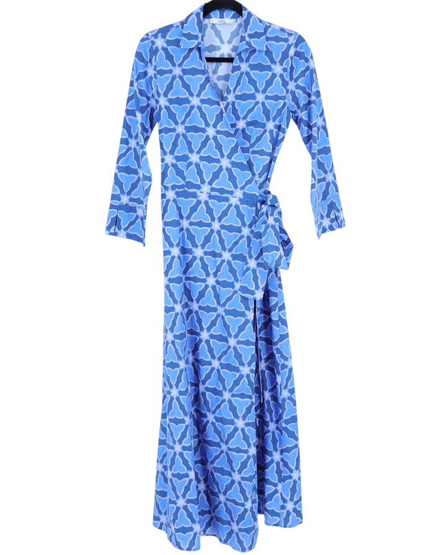 0039 ITALY Havanna Printed Wrap Midi Dress Blue 3/4 Sleeves Women's XS