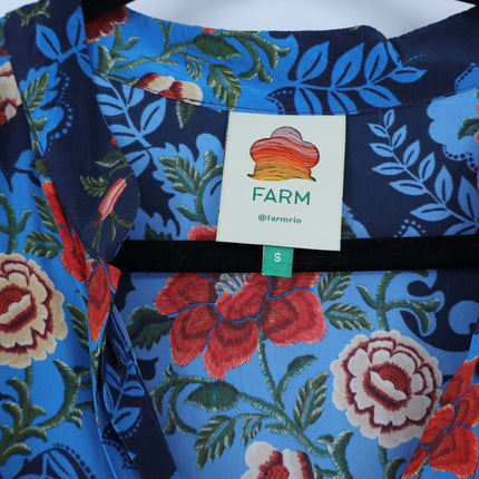 FARM Rio Arabesque Floral Midi Dress Blue Wrap Tie Puff Sleeve Women's S