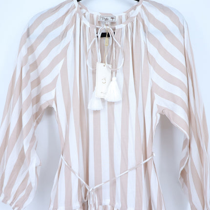 Mille Natalia Midi Dress Beige White Stripe NWT Tasseled Tiered Women's XS