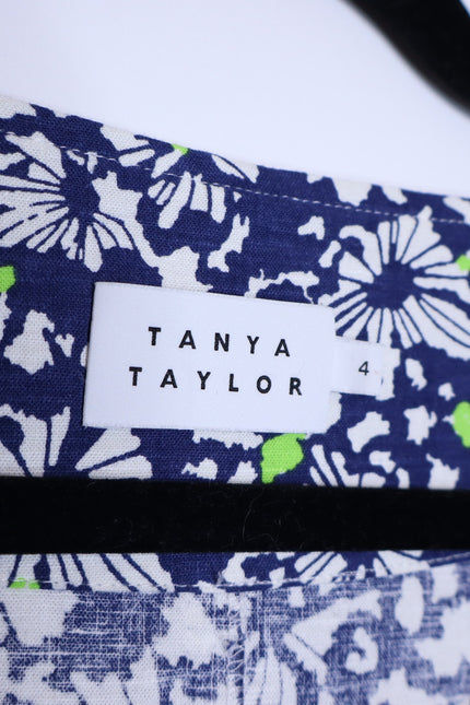 TANYA TAYLOR Coral Floral Linen Mini Dress Blue Belted Puff Sleeve Women's 4