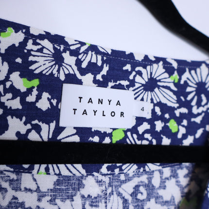 TANYA TAYLOR Coral Floral Linen Mini Dress Blue Belted Puff Sleeve Women's 4