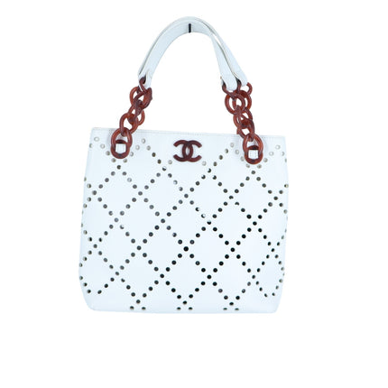 Chanel 2003 Perforated Caviar Leather Tote Bag White with Amber Chain y2k