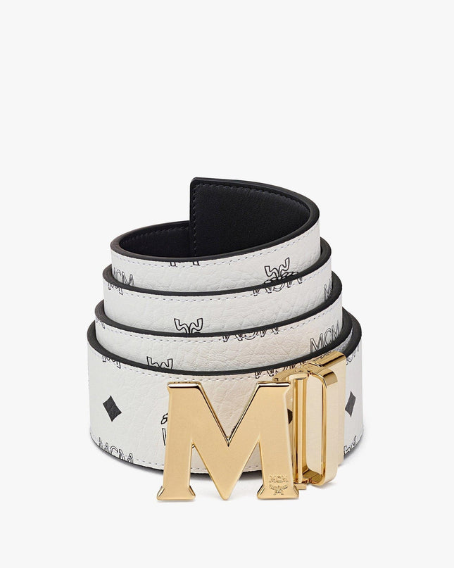 MCM Claus M Reversible Belt In Visetos White Gold Logo Print Men's S