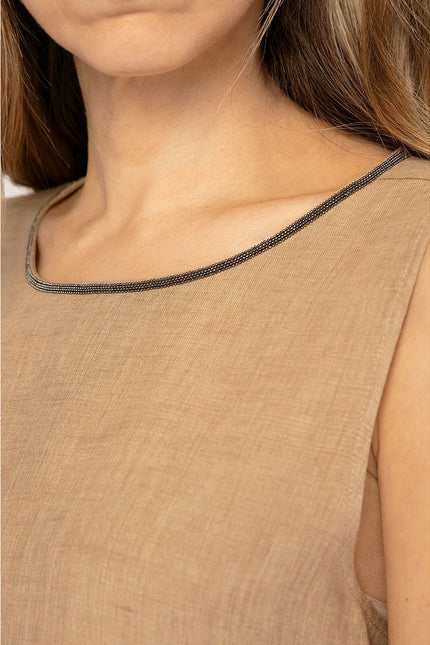FABIANA FILIPPI Linen Tunic Top Fieno Brown Tie Up Back Sleeveless Women's 12/XL
