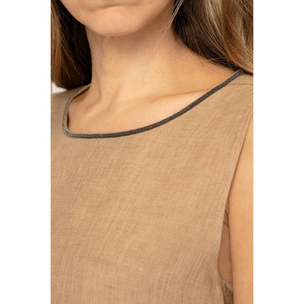 FABIANA FILIPPI Linen Tunic Top Fieno Brown Tie Up Back Sleeveless Women's 12/XL