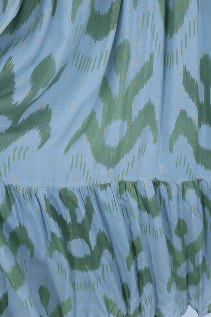 OLIPHANT Ruffle V-Neck Maxi Dress Chitka Blue Green Printed Sleeveless Women's L