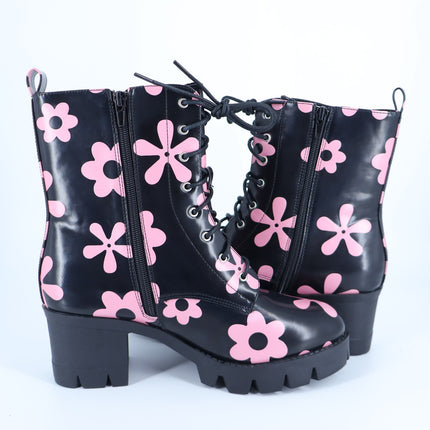 Allegra K Platform Heeled Boots Black Pink Floral Lace Up Women's 41/US 10