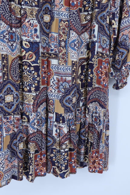 TYLER BOE Michelle Patchwork Mini Dress Brown Multi NWT Popover Ruffle Women's M