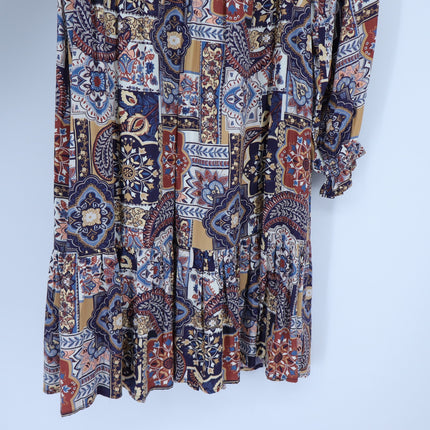 TYLER BOE Michelle Patchwork Mini Dress Brown Multi NWT Popover Ruffle Women's M