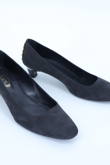 TOD'S Studded Suede Pumps Black and Gold Kitten Heel Women's 38/US 8