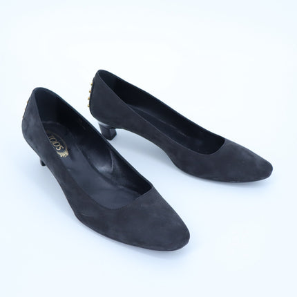 TOD'S Studded Suede Pumps Black and Gold Kitten Heel Women's 38/US 8