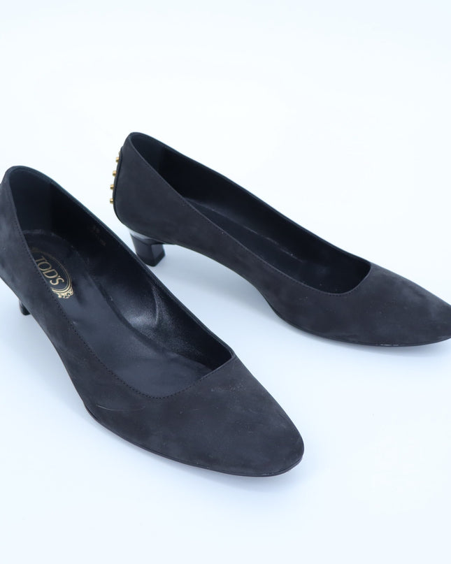 TOD'S Studded Suede Pumps Black and Gold Kitten Heel Women's 38/US 8