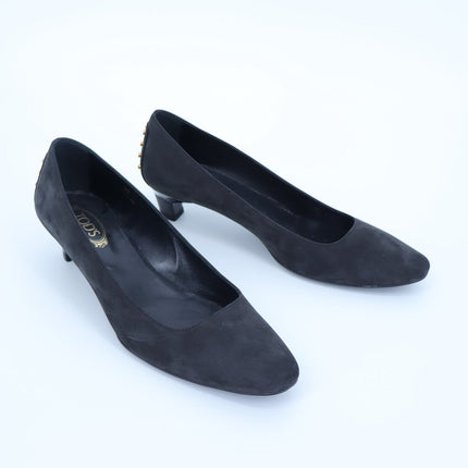 TOD'S Studded Suede Pumps Black and Gold Kitten Heel Women's 38/US 8