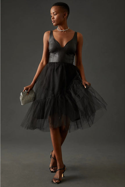 BY ANTHROPOLOGIE NWT Faux Leather Dress Black Tulle Sleeveless Women's 2