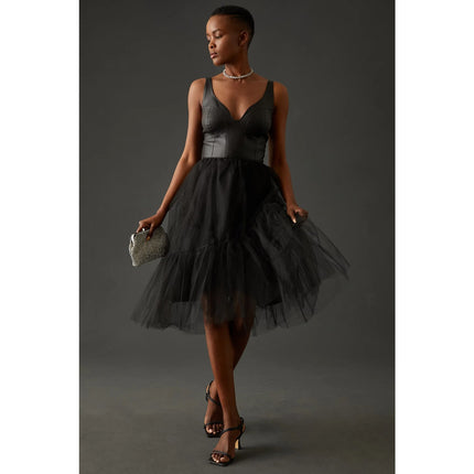 BY ANTHROPOLOGIE Faux Leather Dress NWT Black Tulle Sleeveless Women's 2