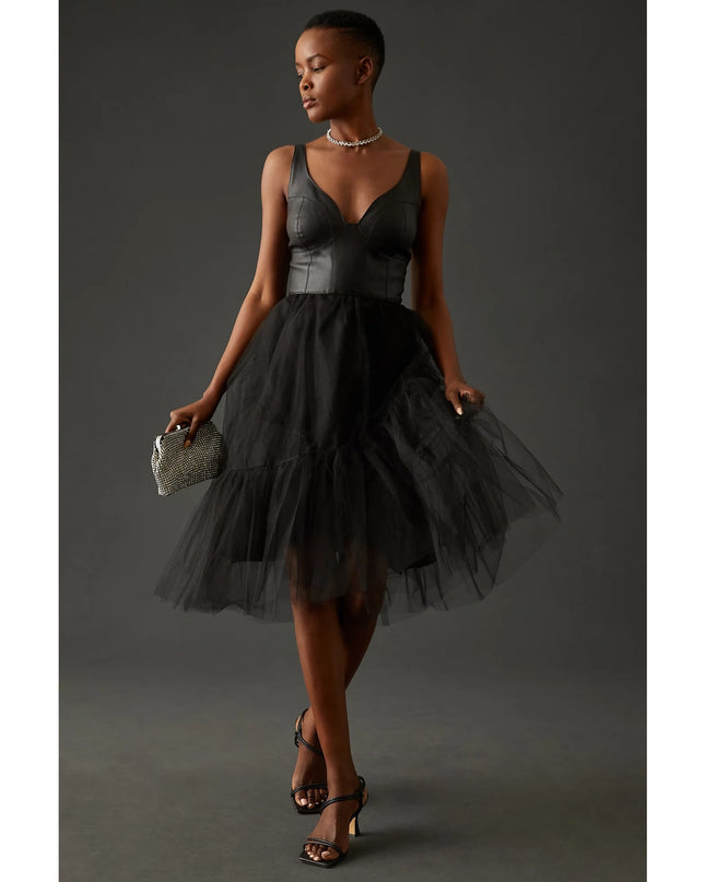 BY ANTHROPOLOGIE Faux Leather Dress NWT Black Tulle Sleeveless Women's 2