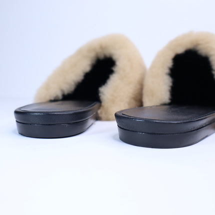 JENNI KAYNE Shearling Slip On Mule Flats Tan Leather Pointed Toe Women's 36/US 6