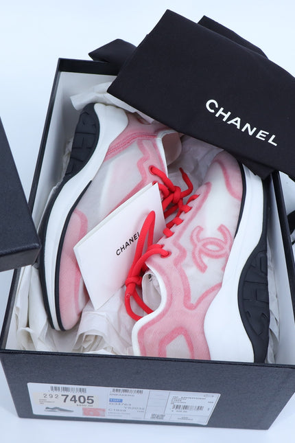 CHANEL Red White Mesh Sneakers NIB Tennis Trainers Active Women's 38/US 7.5