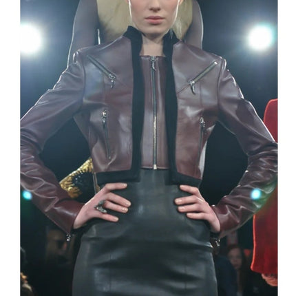 MATHIEU MIRANO Leather Cropped Jacket Maroon and Black Long Sleeve Women's S