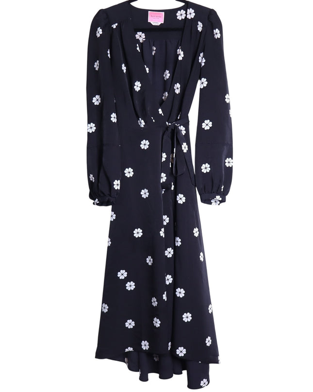 KATE SPADE Black Spade Clover Toss Belted Wrap Dress Long Sleeve Women's 10