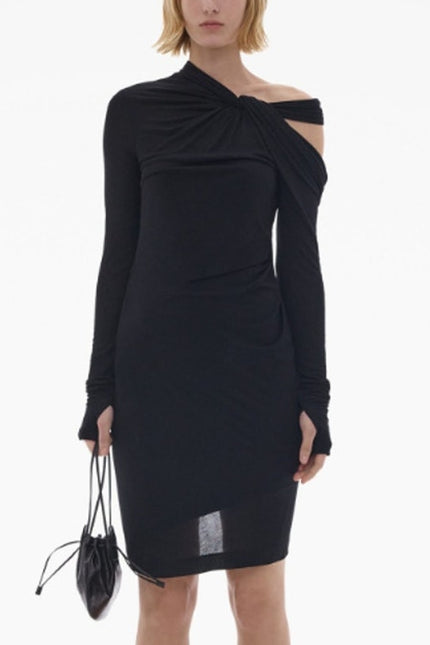 HELMUT LANG Black Asymmetric Mini Dress NWT Twisted Long Sleeve Women's M