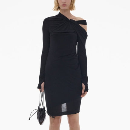 HELMUT LANG Asymmetric Mini Dress NWT Black Twisted Long Sleeve Women's M