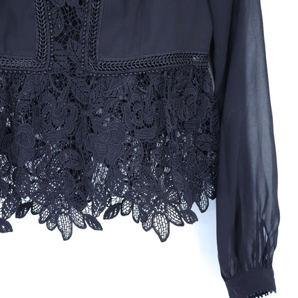 Self-Portrait Floral Guipure Blouse Black Lace Up Long Sleeve Women's 2