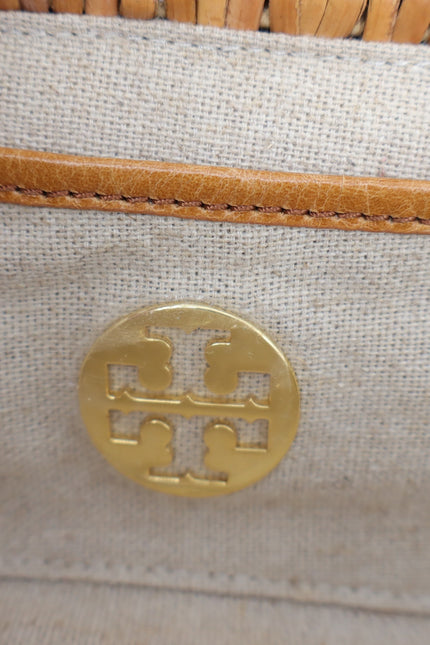 TORY BURCH Raffia Clutch with Beige Leather Top Flap Gold Hardware Canvas Lined