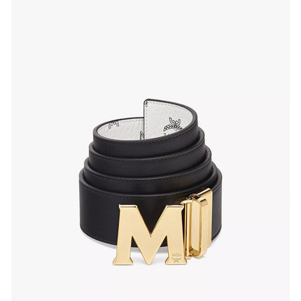 MCM Claus M Reversible Belt In Visetos White Gold Logo Print Men's S