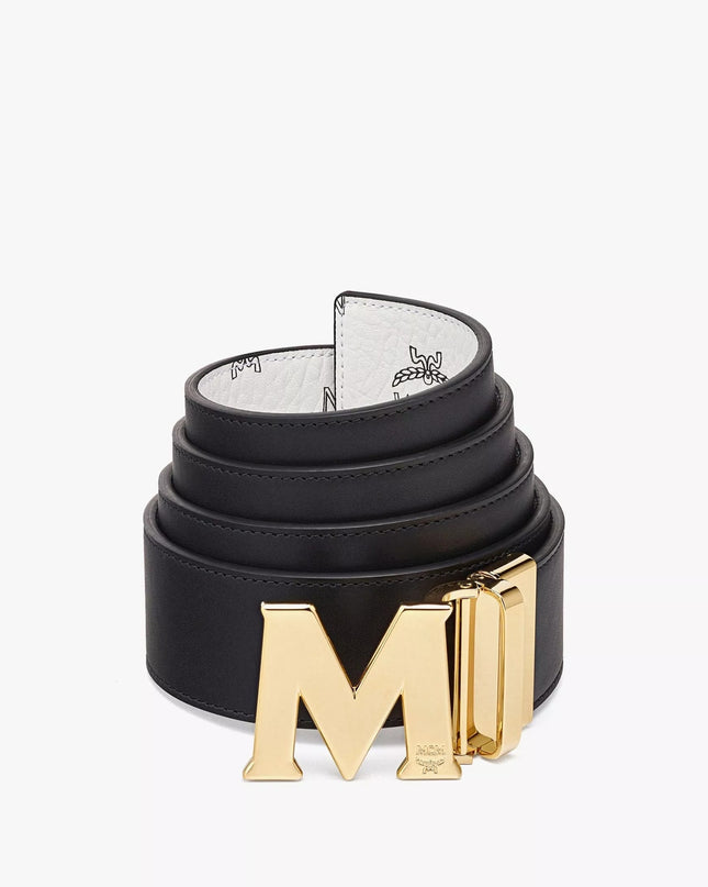 MCM Claus M Reversible Belt In Visetos White Gold Logo Print Men's S