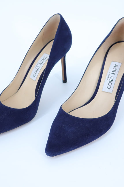 JIMMY CHOO Romy 85 Navy Suede Pointed Pumps Women's 38.5/US 8.5